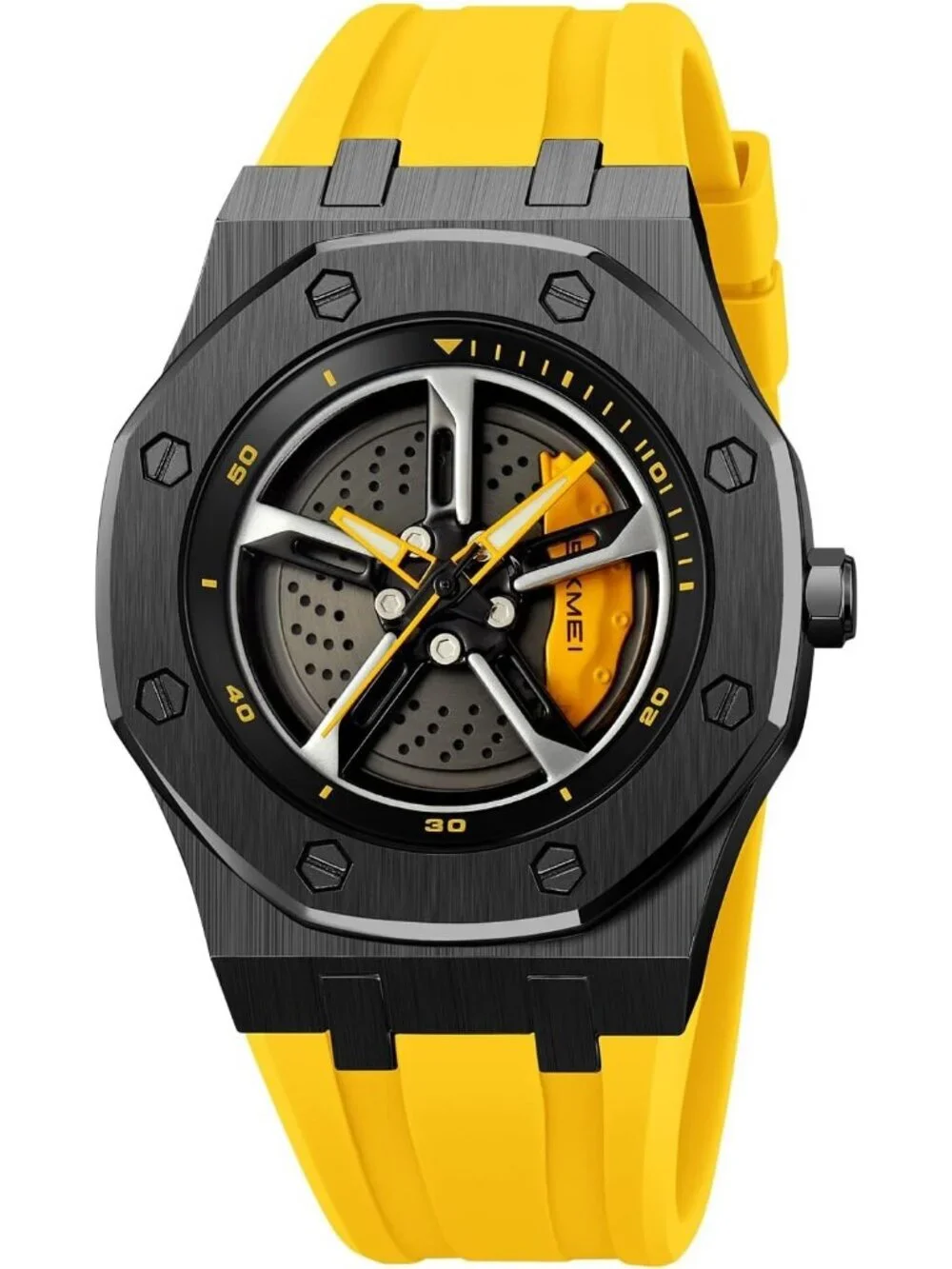 Men's Yellow Analog 3D Spinning Car Wheel Rotating Design Stainless Steel Watch